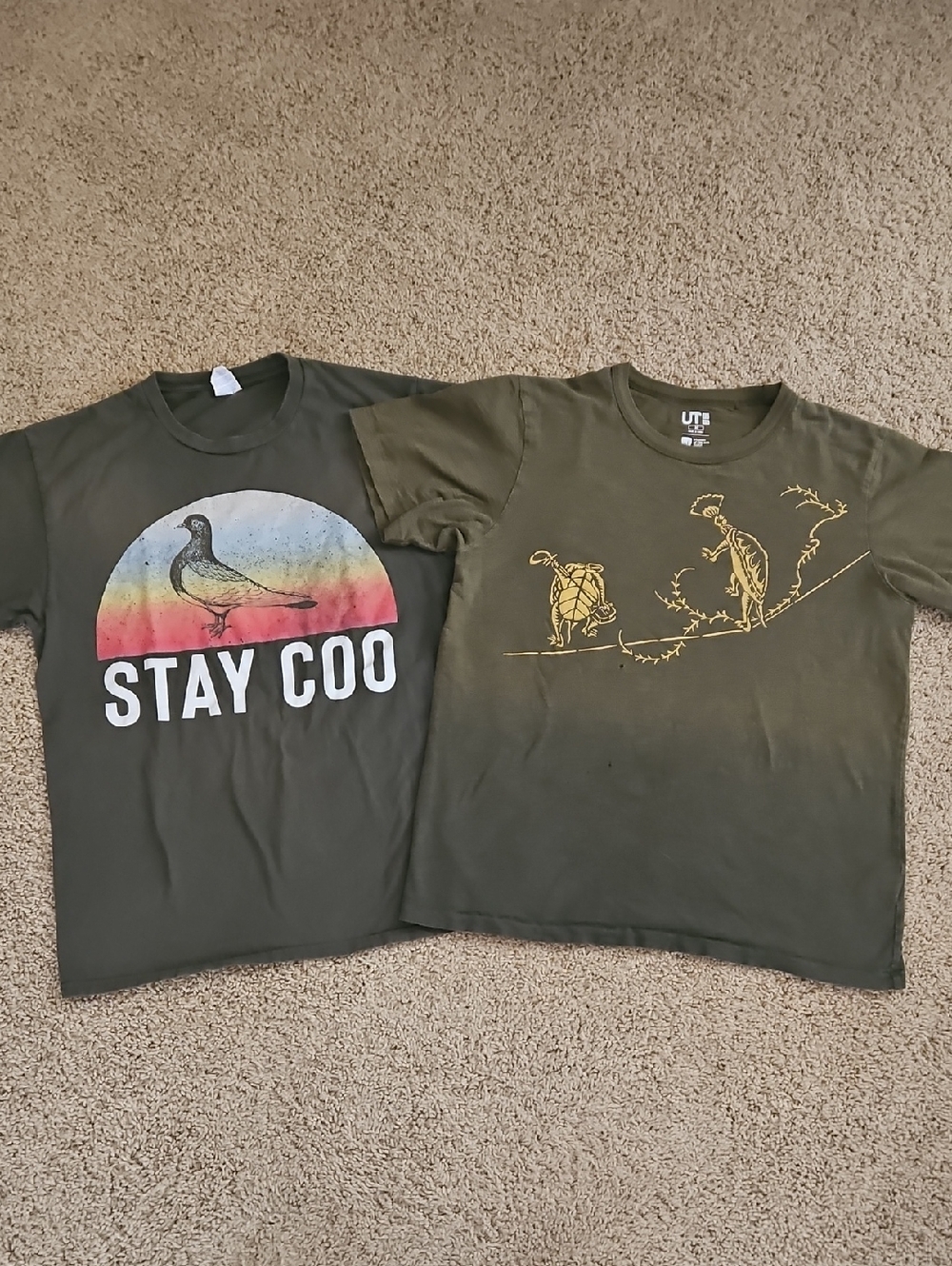Two Green Graphic T-Shirts - Stay Coo Bird & Turtles